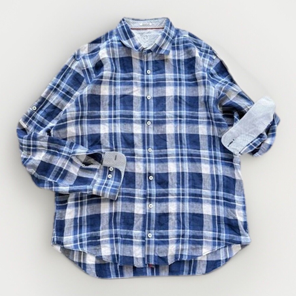 MENS BUGATCHI LONG SLEEVE SHAPED FIT 100% LINEN BLUE BUTTON DOWN SHIRT SIZE XXL